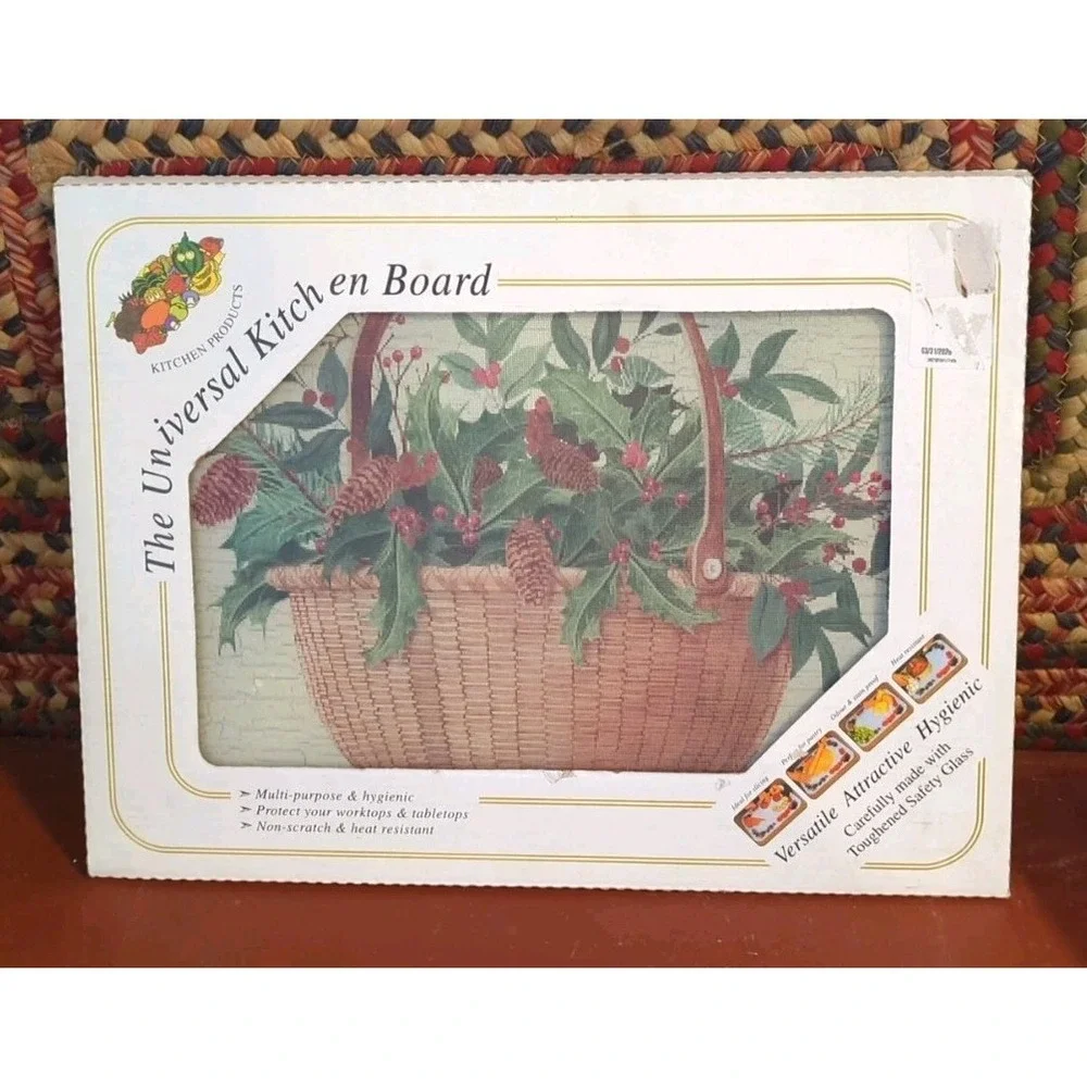 NOS The Universal Kitchen Board Multiple uses ,Safety Glass, Holiday Basket